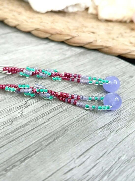 Dyed Jade Gemstone Spiral Beaded Dangle Earrings, Boho Chic Artisan Statement 3" - Picture 8 of 8